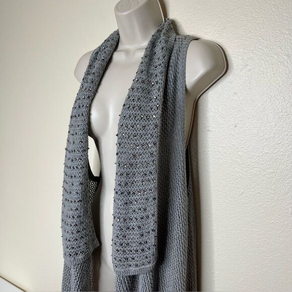 Lane Bryant Gray Duster Vest Waterfall Neck Sequin Beads Open Weave Women 14/16 - Picture 5 of 11